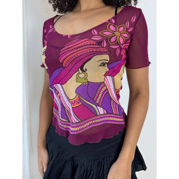 Vintage 00s Woman Graphic Mesh Short Sleeve Tee (S/M) indie gaultier - Picture 7 of 10